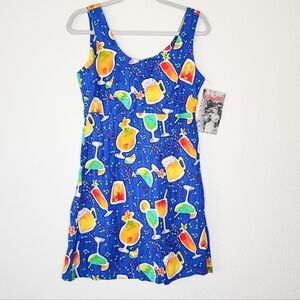 Big Hed Designs Vintage Blue Bar Drinks & Music Print Dress S NWT